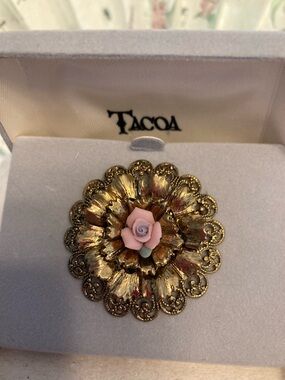 Gold-Tone Floral Brooch with Pink Rose Center (Costume Jewelry)
